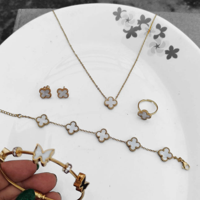TDF Elegant Anti Tarnish White Clover & Butterfly Bracelet – 5-in-1 Premium Set