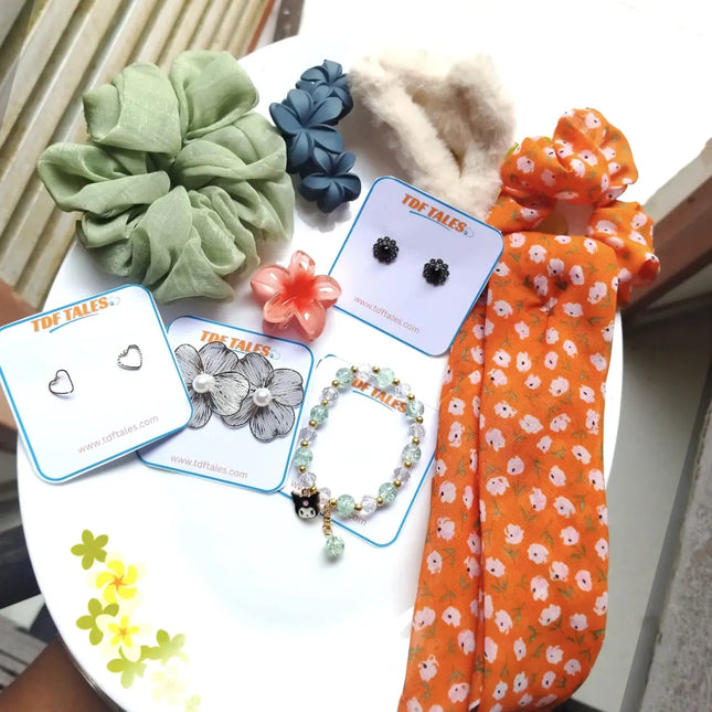 Hair Scrunchies, Earrings, Bracelet and Hair Clips Combo Set for Women and Girls