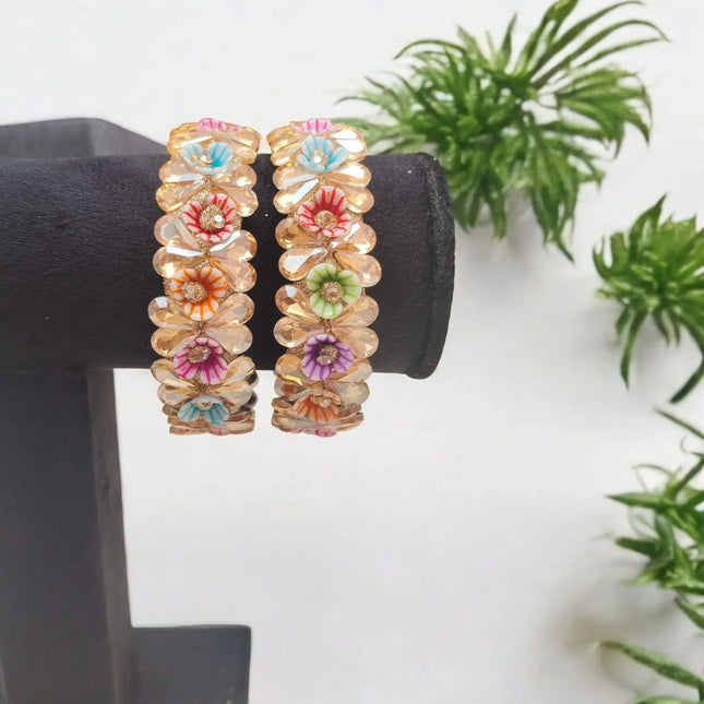 “Multicolor bangle set with floral glass bangles and kangan kada”