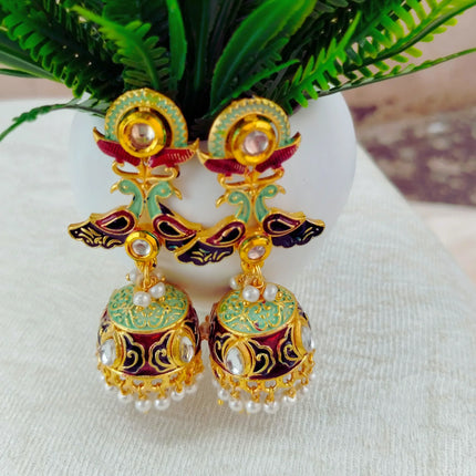 Meenakari Kundan Earrings for Festive Wear – Sage Mint Green Peacock Earrings with Big Pearls | Green Pearl Earrings for Lehenga & Desi Wedding Jewelry