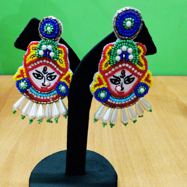 Handcrafted beaded colorful Durga earrings for Navratri and festive occasions