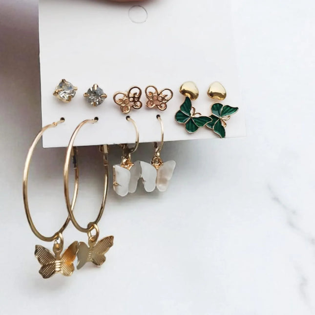 Butterfly and floral earring set – 6 pair gold plated hoops & studs combo for women & girls