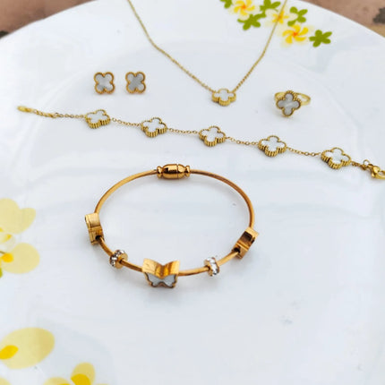 TDF Elegant Anti Tarnish White Clover & Butterfly Bracelet – 5-in-1 Premium Set