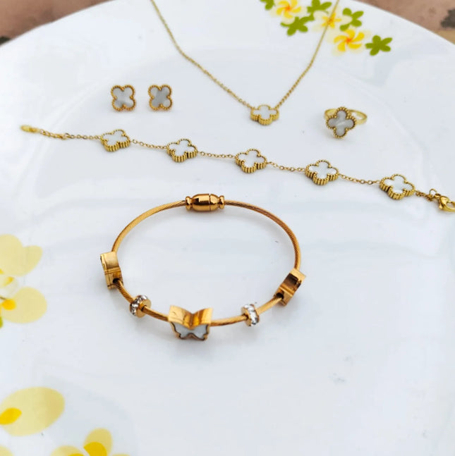 TDF Elegant Anti Tarnish White Clover & Butterfly Bracelet – 5-in-1 Premium Set