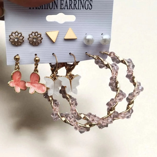 TDF Butterfly and Hoop Earrings Set – 6 Pair Combo Jewelry for Women and Girls
