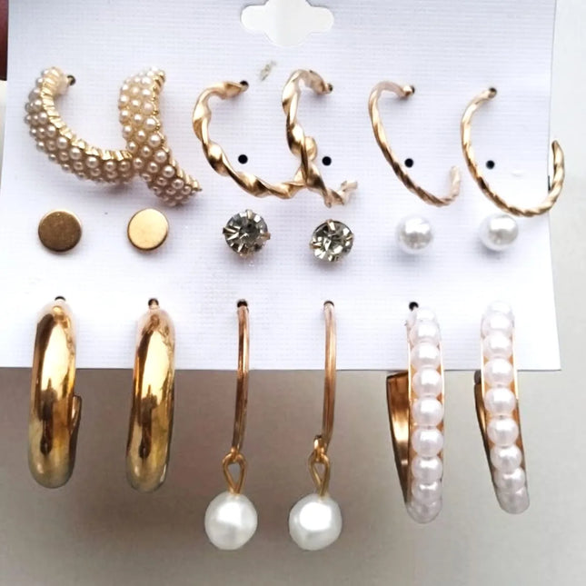 Trendy 9 pairs gold and pearl hoop earrings set for women and girls, stylish combo of studs, hoops and pearl earrings for party, daily wear and gifting.