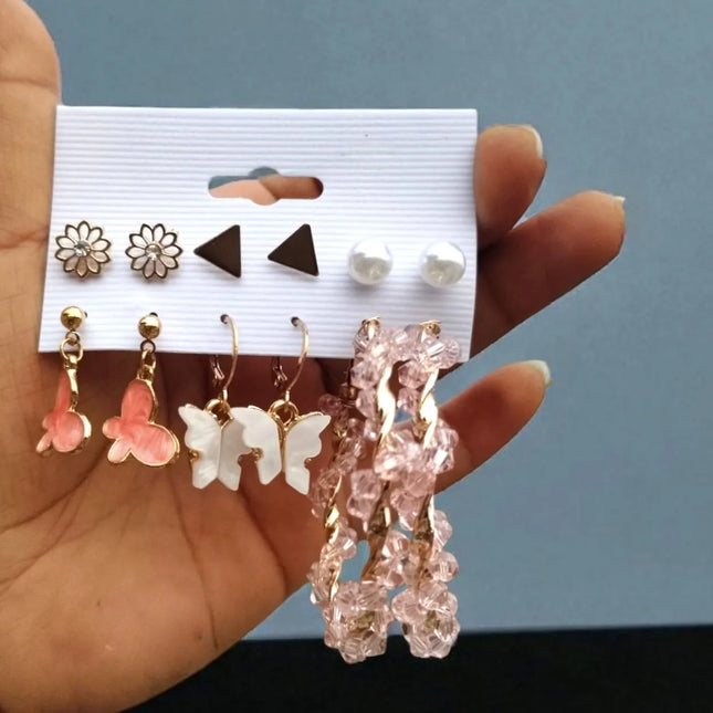 TDF 6 Pair Earrings Set – Butterfly Earrings, Hoop Earrings, Studs and Pearl Earrings for Women and Girls