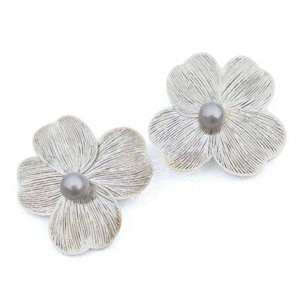 Korean silver flower pearl earrings for women – elegant floral stud jewelry